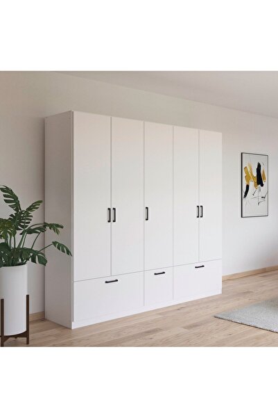 Tdesigno Alev Giyinme Dolabı - Çok Amaçlı Dolap - Gardırop 225 Cm-5 Kapaklı-3 Çekmeceli