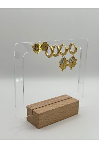 Arnes Jewelry Çelik Zirkon Taşlı Yoncalı 3 Çift Set Küpe