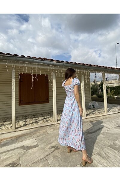 Genel Markalar Mavi Pembe Çiçekli Midi Boy Yırtmaçlı elbise