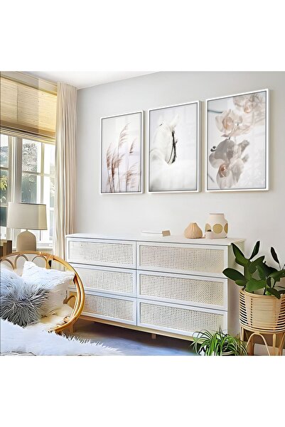 Harikabirev HARİKABİREV | COMBINAT DE FLORI ALBE-AT 02 | TABLO DE STICLA CU CADRU 3 PIESE VERTICAL