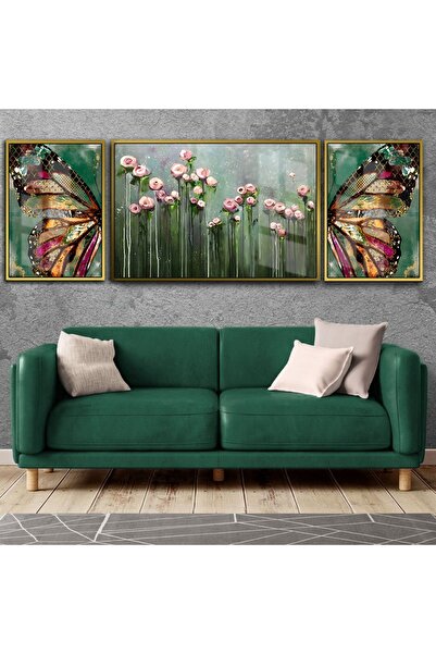 Harikabirev HARİKABİREV|LACİVERT-GOLD RENGEYİĞİ VE ÇİÇEK KOMBİNİ 02|ÇERÇEVELİ TEMPERLİ CAM TABLO 3LÜ YATAY