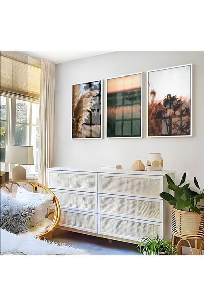 Harikabirev HARİKABİREV | TONURI MARO COMBINAT DE PLANTE MOALE | TABLO DE STICLA CU CADRU 3 PIESE VERTICAL