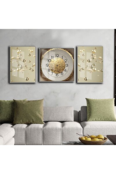 Harikabirev HARİKABİREV|GOLD-KREM-BEYAZ SOYUT DAMLACIK KOMBİN MODELİ 01 |ÇERÇEVELİ SAATLİ CAM TABLO