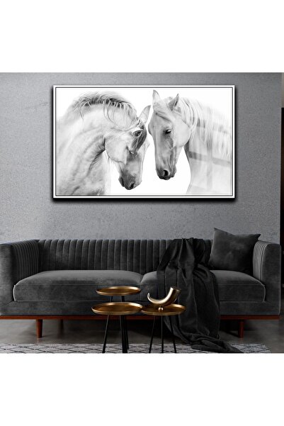 Harika bir ev HARİKABİREV|BEYAZ AT TABLOSU 2 |ÇERÇEVELİ CAM TABLO TEKLİ YATAY