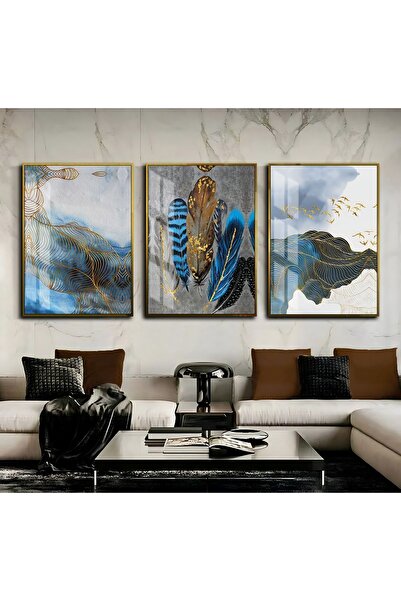 Harikabirev HARİKABİREV | COMBINAT DE PĂRĂ CU MODEL ALB-ALBASTRU-AUR | TABLO DE STICLA CU CADRU 3 PIESE VERTICAL