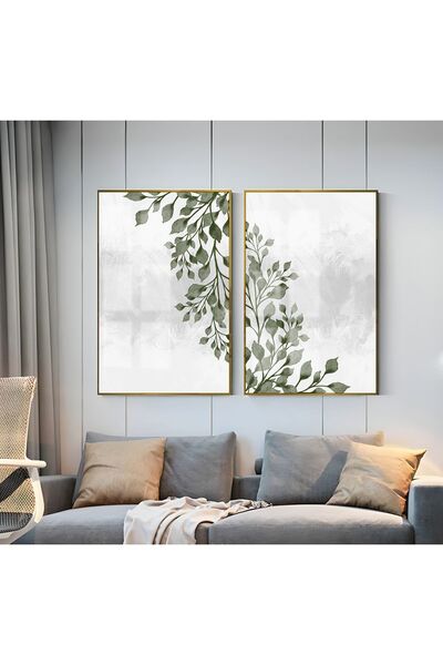 Harikabirev HARİKABİREV | COMBINAT DE RAMURI DE FRUNZE GRIS-VERDE 1 | TABLO DE STICLA CU CADRU 2 PIESE VERTICAL