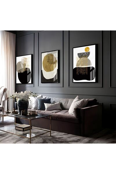 Harikabirev HARİKABİREV | COMBINATIE ABSTRACTĂ GRAY-GOLD-BLACK 04 | TABLO DE STICLA CU CADRU 3 PIESE VERTICAL