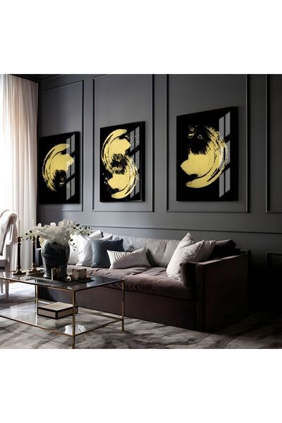 Harikabirev HARİKABİREV | COMBINATIE ABSTRACTĂ AUR-NEGRU 01 | TABLO DE STICLA CU CADRU 3 PIESE VERTICAL