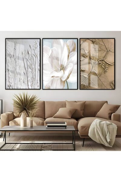 Harikabirev HARİKABİREV | COMBINAT DE FLORI NEGRATE | TABLO DE STICLA CU CADRU 3 PIESE VERTICAL