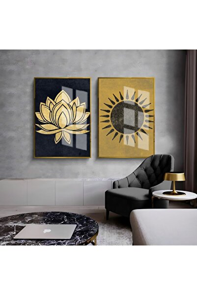 Harikabirev HARİKABİREV | COMBINAT DE SOARE AUR-NEGRU ȘI FLORI DE LOTUS | TABLO DE STICLA CU CADRU 2 PIESE VERTICAL