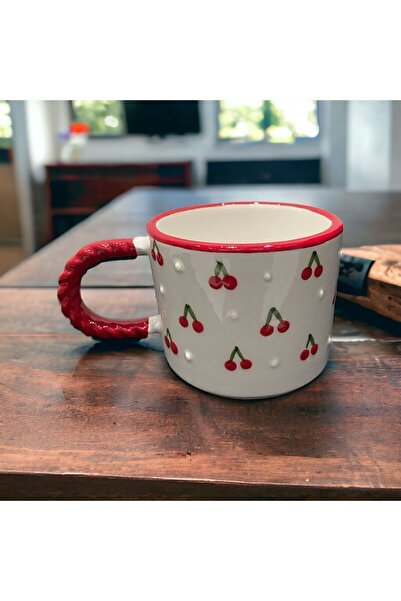 İZart Knitted Handle Cherry Pattern Special Embossed Hand Embroidered Ceramic Mug