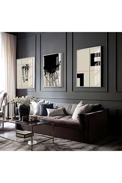 Harikabirev HARİKABİREV | COMBINAT DE ABSTRACTE ABSTRACTE BEJ-NEGRU-ROZ 1 | TABLO DE STICLA CU CADRU 3 PIESE VERTICAL