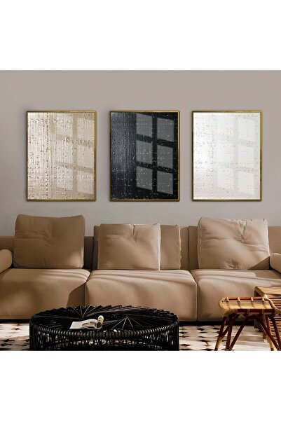 Harikabirev HARİKABİREV | COMBINAT DE CULORI ABSTRACTE ALB-GRI-NEGRU 01 | TABLO DE STICLA CU CADRU 3 PIESE VERTICAL