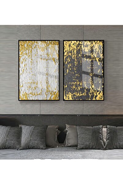 Harikabirev HARİKABİREV|GRİ-GOLD KOMBİNİ SOYUT ŞEKİLER 4 |ÇERÇEVELİ CAM TABLO...