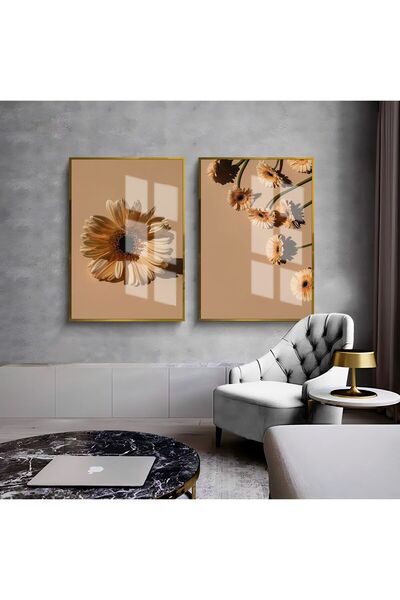 Harikabirev HARİKABİREV | COMBINAT DE FLORI DE CRIZANTEMĂ 01 | TABLO DE STICLA CU CADRU 2 PIESE VERTICAL