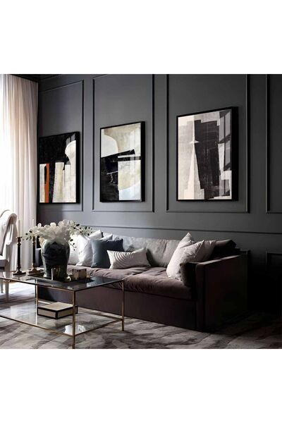 Harikabirev HARİKABİREV | COMBINAT DE ABSTRACTE GRAY-CREAM-BLACK 03 | TABLO DE STICLA CU CADRU 3 PIESE VERTICAL
