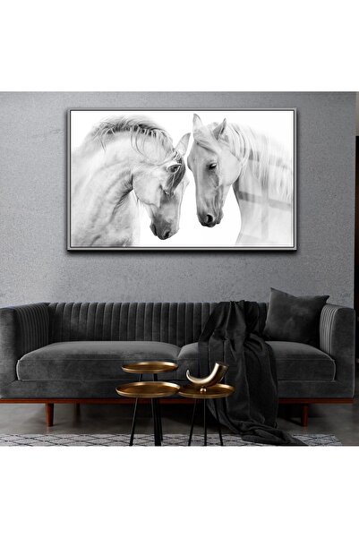 Harikabirev HARİKABİREV|BEYAZ AT TABLOSU 2 |ÇERÇEVELİ CAM TABLO TEKLİ YATAY