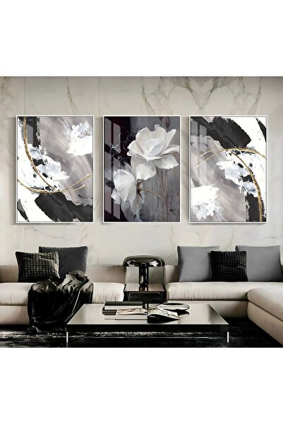 Harika bir ev |siyah- Gold Kombini Şık Çiçek-soyut Seti 3lü Dikey|çerçeveli T...