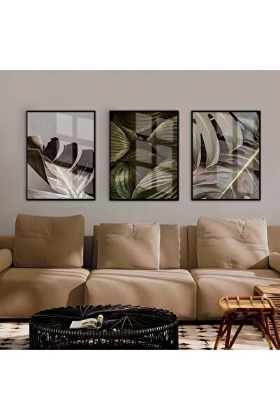 Harikabirev HARİKABİREV | COMBINAT DE FRUNZE VERDE MOALE | TABLO DE STICLA CU CADRU 3 PIESE VERTICAL