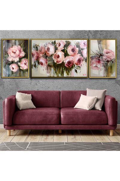 Harikabirev |gül Pembesi-yeşil Çiçek Kombini|çerçeveli Temperli Cam Tablo 3lü Yatay