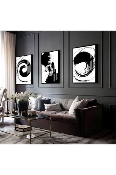 Harikabirev HARİKABİREV | COMBINAT DE ABSTRACTE ABSTRACTE NEGRU-ALB 03 | TABLO DE STICLA CU CADRU 3 PIESE VERTICAL