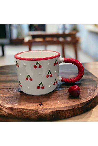 İZart Knitted Handle Cherry Pattern Special Embossed Hand Embroidered Ceramic Mug