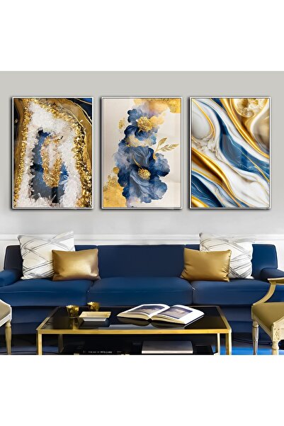Harika bir ev Hari̇kabi̇rev | Dark Blue-Gold Combination 8 Flowers-Abstract C...