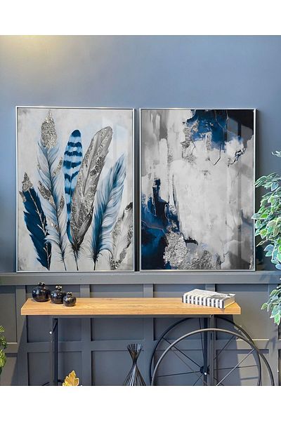 Harikabirev | navy blue Ασημί Συνδυασμός Navy Blue Feather And Right | πλαίσιο Τραπέζι από σκληρυμένο γυαλί 2 τεμαχίων κάθετο