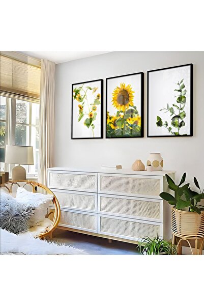 Harikabirev HARİKABİREV | COMBINAT DE FLORE DE SOARE GALBEN-ALB-VERDE | TABLO DE STICLA CU CADRU 3 PIESE VERTICAL