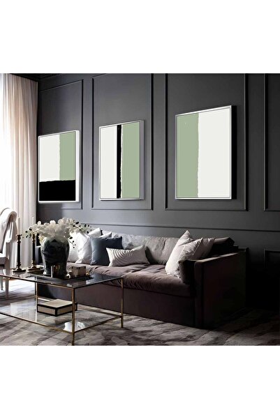 Harikabirev HARİKABİREV | COMBINAT DE ABSTRACTE ABSTRACTE NEGRO-VERDE-BEJ 01 | TABLO DE STICLA CU CADRU 3 PIESE VERTICAL