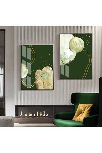 Harikabirev HARİKABİREV | COMBINAT DE ABSTRACTE CU MODELE VERDE-MARO-ARANZAT 02 | TABLO DE STICLA CU CADRU 2 PIESE VERTICAL