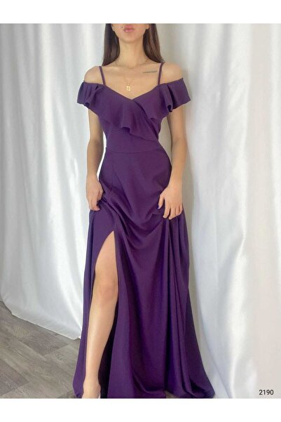 Secret Passion Lingerie Esnek Mor Krep Kumaş Yırtmaç Detaylı Göğüs Dekolteli ...