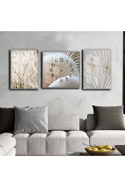 Harikabirev HARİKABİREV|EKRU-BEYAZ PALMİYE-BUĞDAY-ÇİÇEK KOMBİNİ  |ÇERÇEVELİ SAATLİ CAM TABLO
