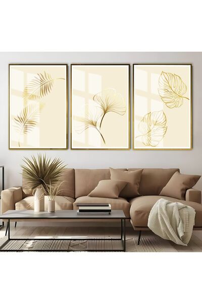 Harikabirev HARİKABİREV | COMBINAT DE FRUNZE TROPICALE CREAM-GOLD | TABLO DE STICLA CU CADRU 3 PIESE VERTICAL