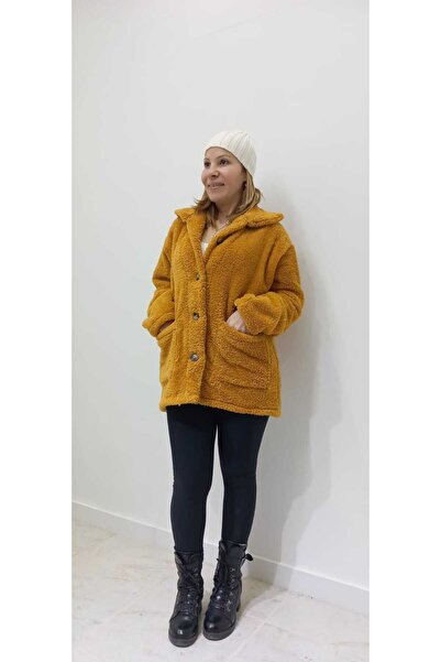 Azra Moda Style Hardal Renk Düğme Detay Cepli Uzun Hırka Kaban Kadın