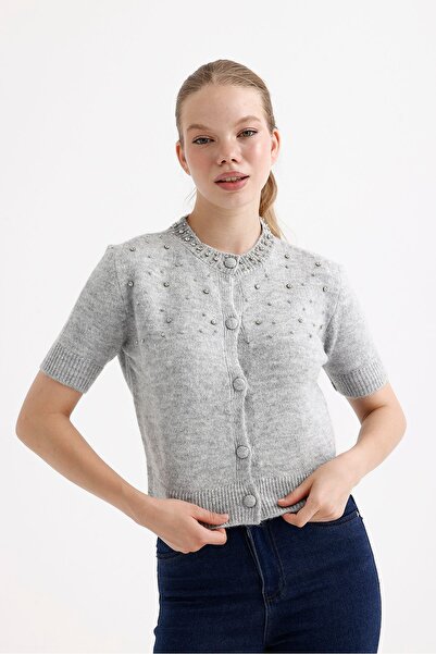 fujya Dámský pletený svetr s krátkým rukávem a vyšívaným kamenem s vyšívaným kamenem