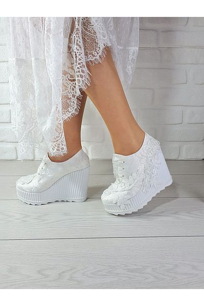 Modavien Pantofi de mireasă de damă, albi, cu toc cu pană de 11 cm 71003