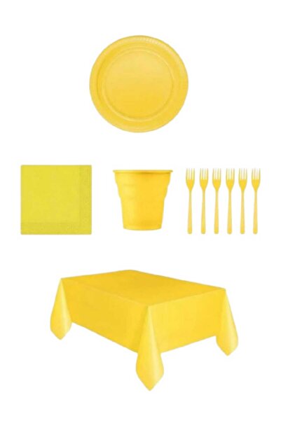 PARTİ AŞKI Sarı Renk Plastik Tabak Bardak Çatal Peçete Masa Örtüsü Seti