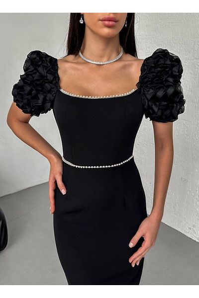 LİBAS Black Midi Dress - Pearl Detail and Ruffle Sleeves