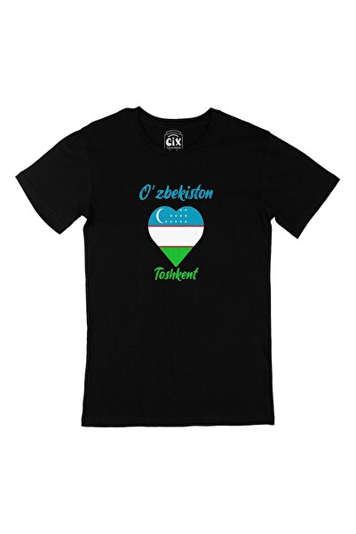 Cix طشقند أوزبكستان العلم القلب تي شيرت أسود