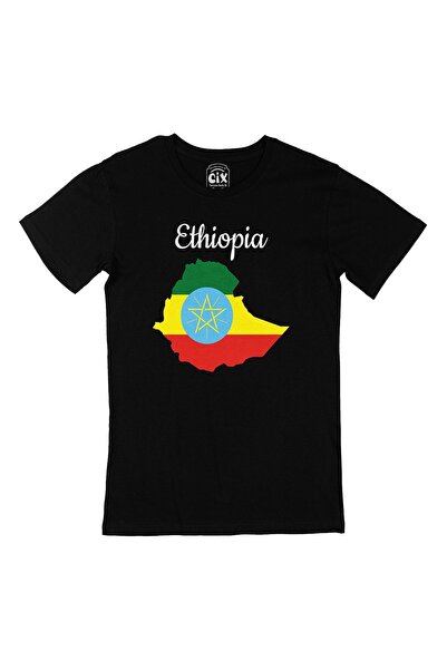 Cix تيشيرت أسود عليه خريطة وعلم إثيوبيا