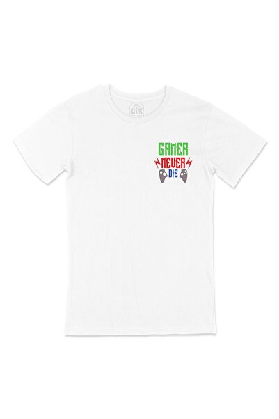 Cix White T-Shirt with Red Gamer Never Die Pocket Logo Design