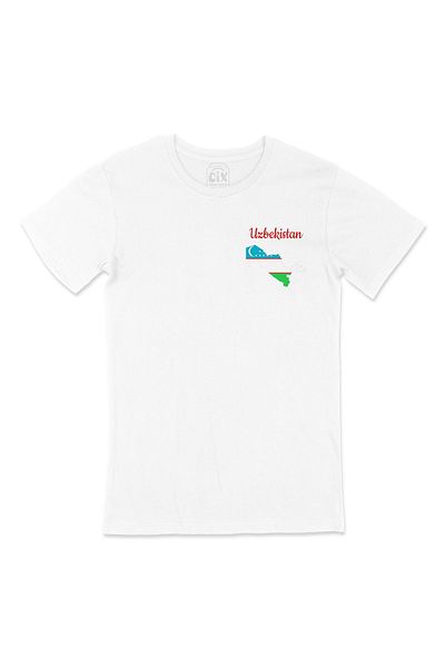Cix Tricou alb cu hartă Uzbekistanului și design de logo pentru buzunar pentru steagul