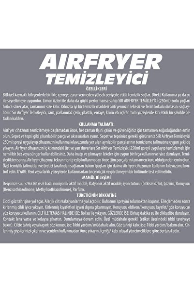 Sır Airfryer Temizleyici Bitkisel Özlü Güçlü Formül 250 ml