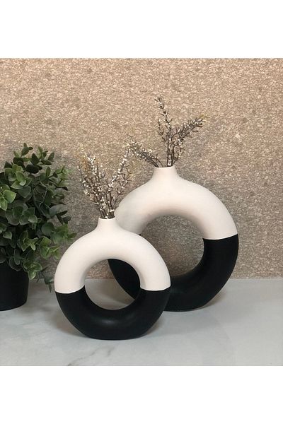 thiramis homeconcept مزهرية حلقية باللونين الأبيض والأسود مع زخارف مزدوجة - عبوة من قطعتين