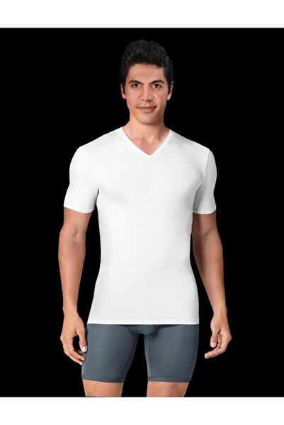 saac 2 Pieces 100% Cotton Combed Ribbed Men's V-Neck Short Sleeve Undershirt - 915-2PCK-WHT