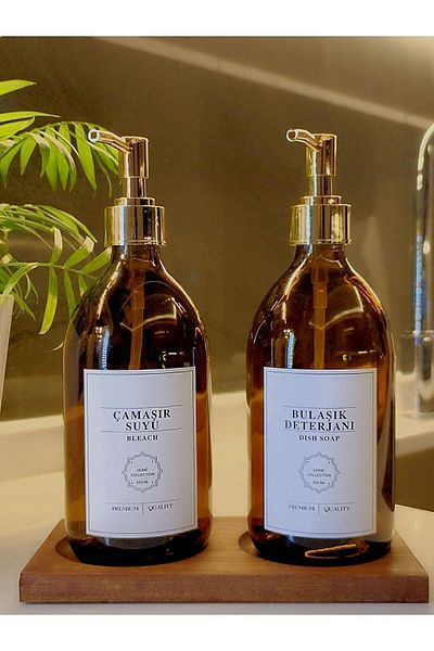 Reoona White Gold Bleach Dishwashing Liquid Bottle Set with Wooden Cornered Stand