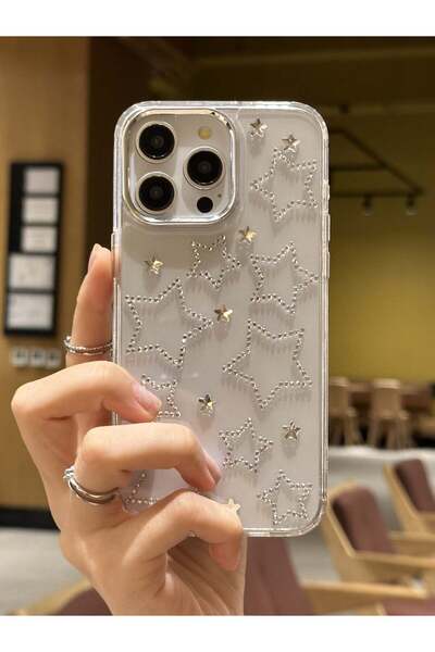Paladyum Case iPhone 15 Pro Uyumlu Gümüş Yıldızlı Şeffaf Kılıf