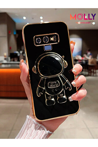 Molly Samsung Galaxy NOTE 9 İçin Siyah Astronot Standlı Kenarları Gold Detayl...