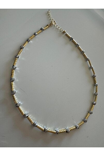 popcouturetr Gümüş Top Detaylı Gold Boru Kolye